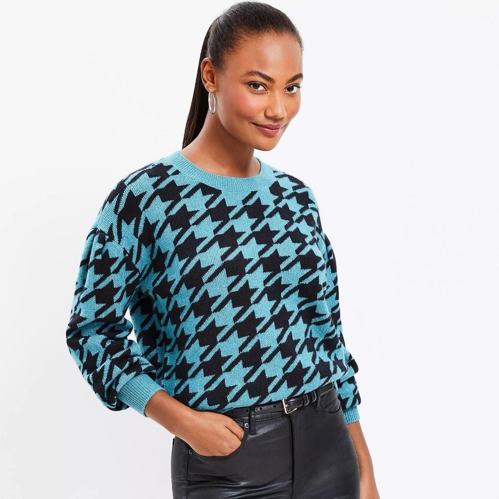 LOFT Teal/Black Houndstooth Print Blouson Sleeve Shoulder Sweater Size XS